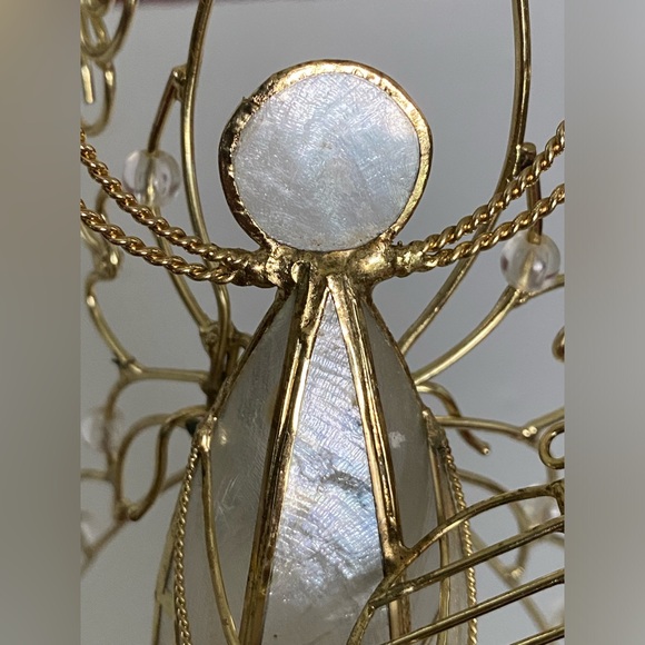 Vintage Capiz Shell Christmas Angel with Wings Playing Harp Gold Metal Crystals - Picture 10 of 16